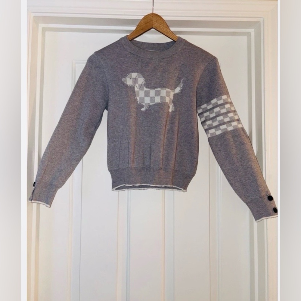 Thom Browne  Gray Checked Dachshund Crewneck Sweater